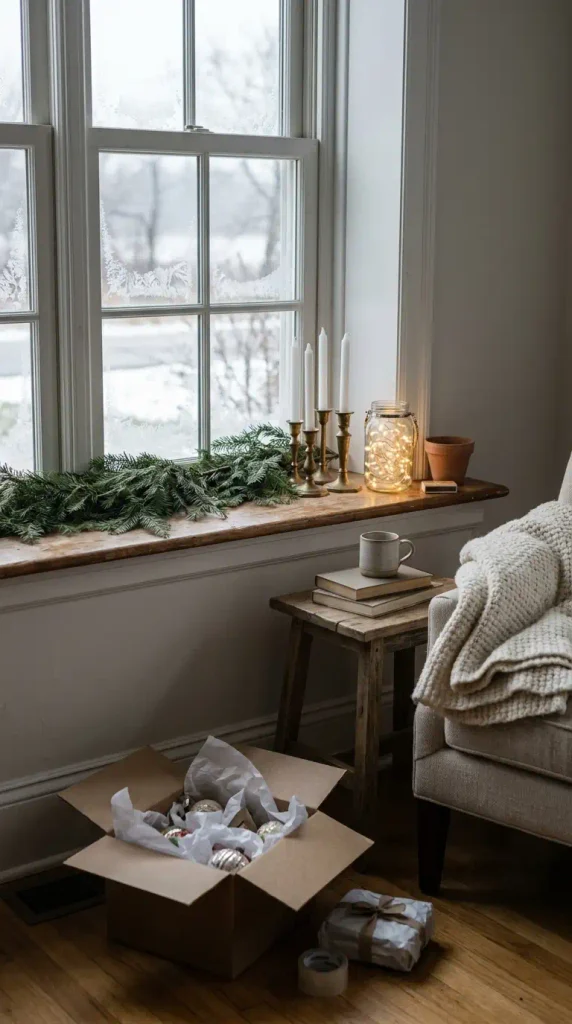 Winter neutral decor in January with greenery, flameless tapers, and a jar lantern after the holidays