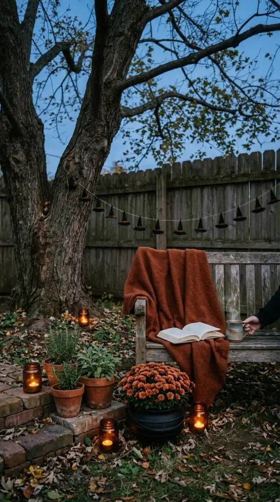 Witchy backyard reading bench under a maple at dusk with jar lanterns, a cauldron of mums, and a witch hat garland