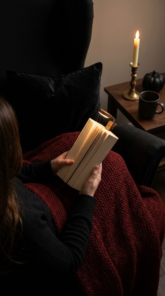 Vamp Romantic Halloween reading chair with an oxblood throw, velvet pillow and warm clip-on reading light