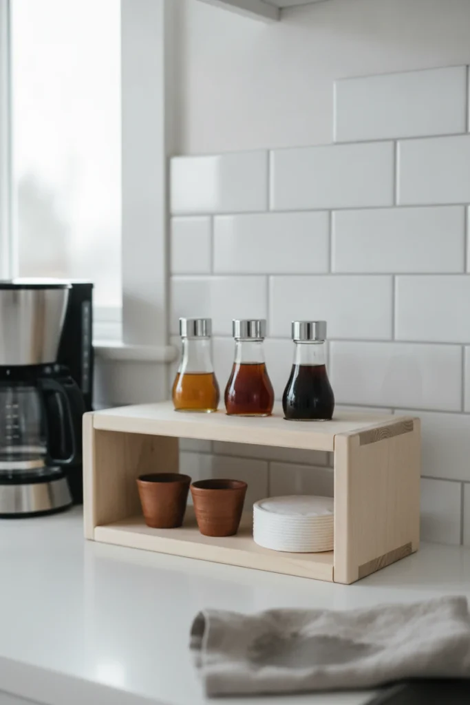 Wood spice rack holding syrup bottles and espresso cups on a small coffee station counter