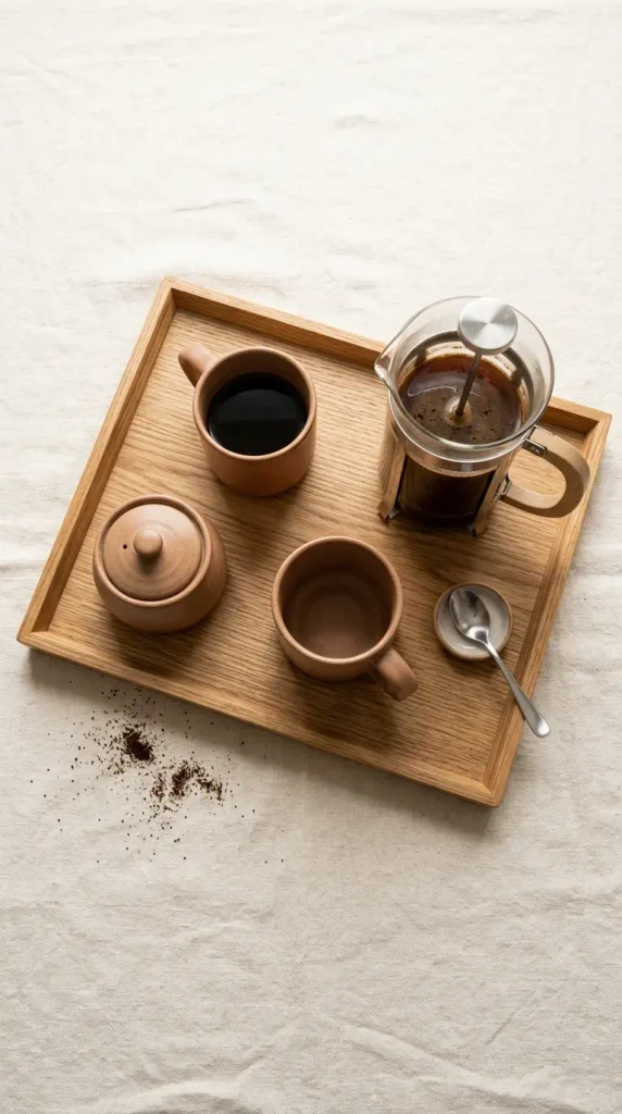 Wood tray holding a French press, two mugs, a sugar jar, and a spoon rest for a fall coffee bar