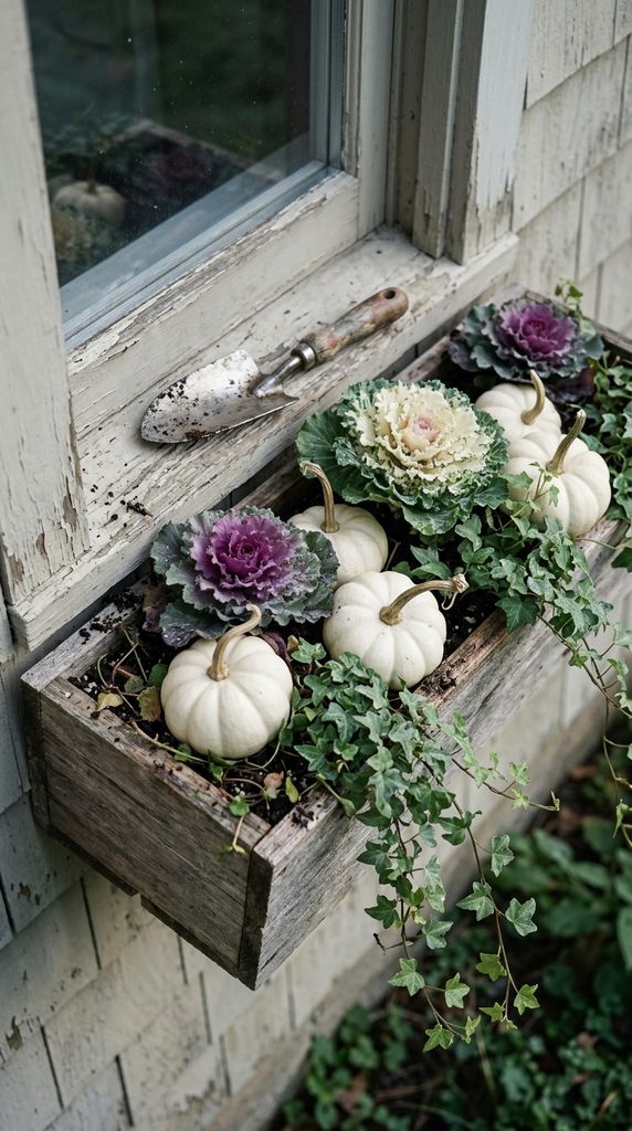 Window box planted with mini white pumpkins, ornamental kale, and ivy for simple Halloween porch decor