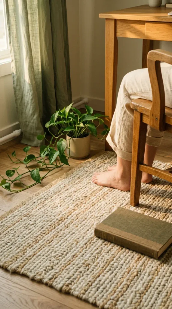 Wool rug, sage curtain on a tension rod and a pothos softening sound in a home study room corner