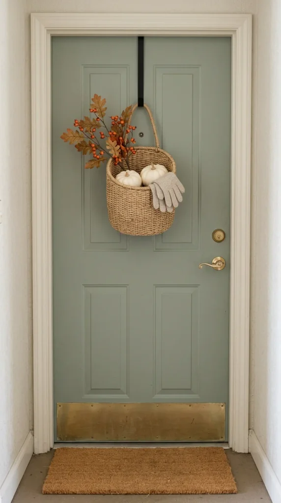 Woven fall basket hanging on an apartment door with faux stems and mini pumpkins