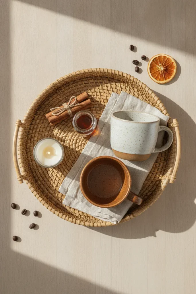 Woven rattan tray with fall coffee station extras, cinnamon sticks, and speckled mugs