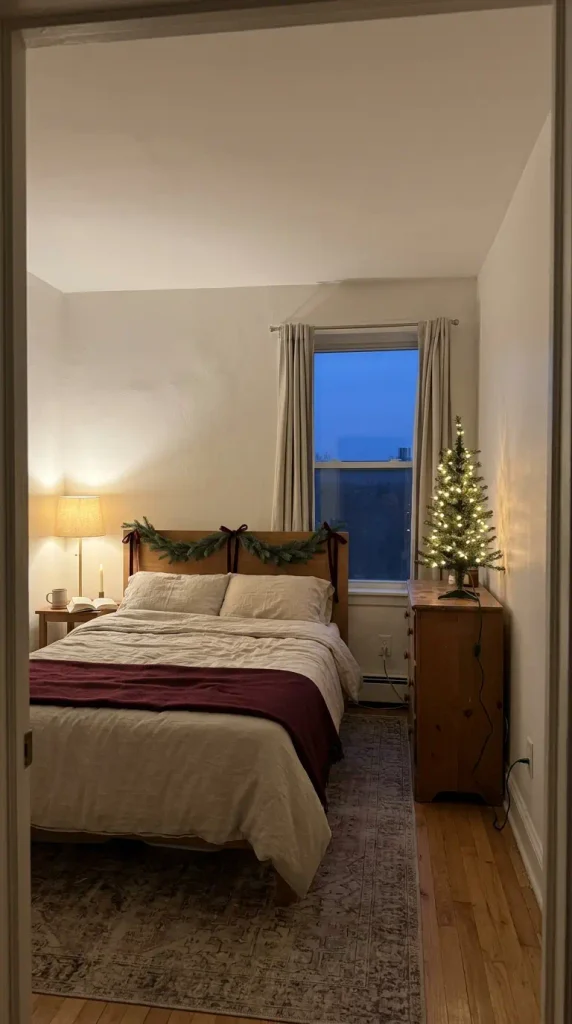 Xmas bedroom with linen bedding, a burgundy throw, headboard garland, and a lit tabletop tree on the dresser
